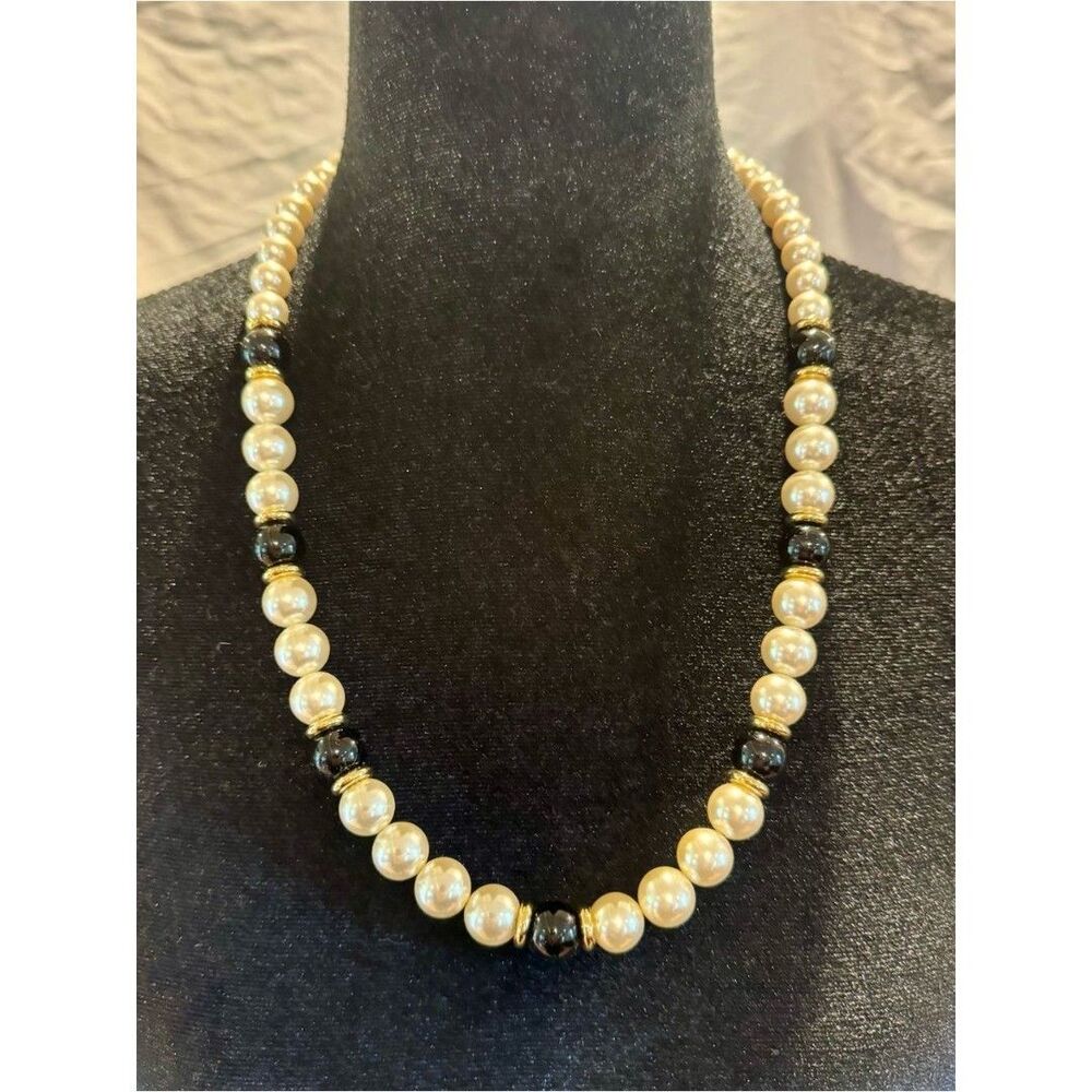 Vintage 1980’s Napier Cream Pearl and Black Bead Necklace with Gold Accents